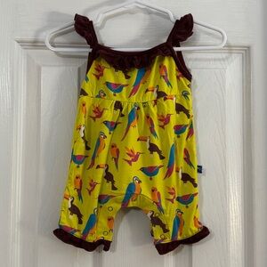Kickee Pants Baby Girl Bamboo Birds Theme Brown and Yellow with Ruffles Romper